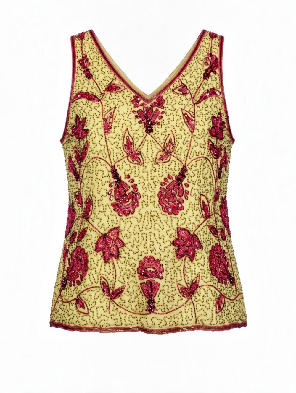 Mark & John By Gopal Silk Beaded Yellow & Pink Floral V-Neck Tank Top